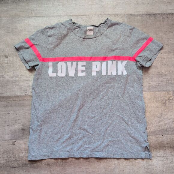 VICTORIAS SECRET PINK APPLIQUE CAMPUS "LOVE PINK" SCOOPNECK TEESHIRT S Gray - Picture 1 of 5
